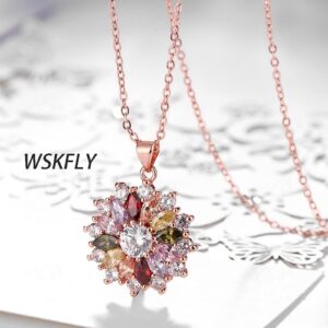 WSKFLY Colorful Snowflake Pendant Necklace, Rose Gold Plated Multi Gemstone Necklaces Marquise Cubic Zirconia Necklace for Women, 18+2 inch