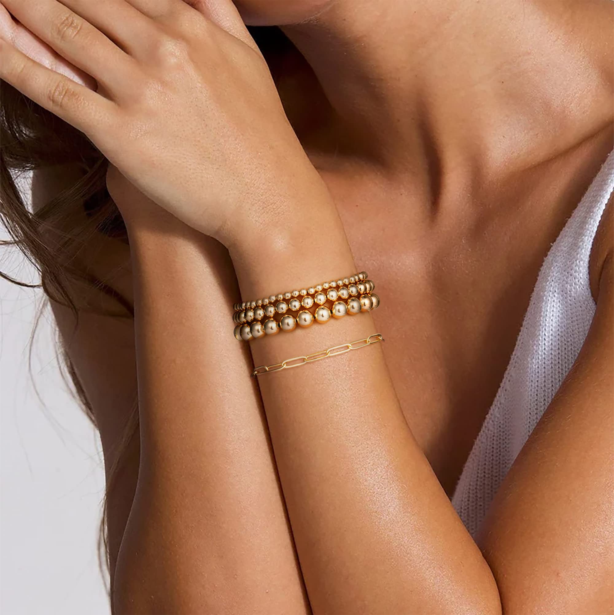 GLIJWELE Gold Beaded Bracelets for Women, 14K Gold Plated Bead Bracelet for Women Stackable Gold Bead Bracelets for Women Layered Gold Bracelets for Women Gold Jewelry for Women