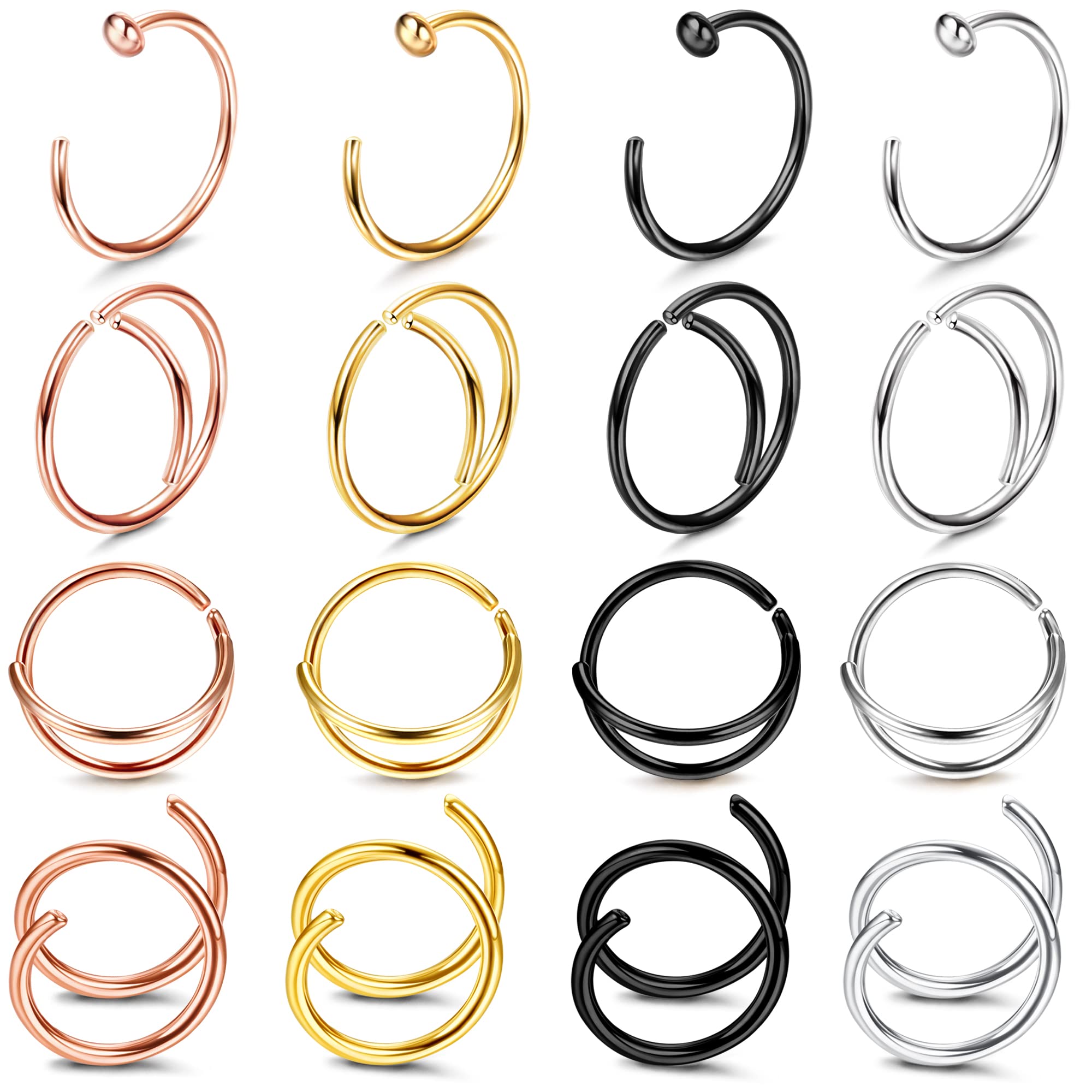 Sanfenly Nose Rings Hoops 20G Rose Gold Black Silver 8mm Stainless Steel Nose Rings for Women Men Nose Hoop Piercing Jewelry