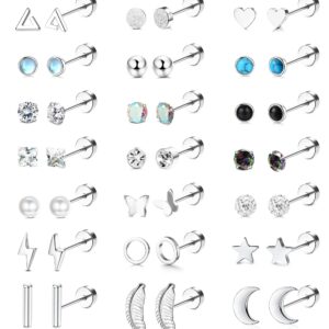 SAILIMUE 21Pairs Stainless Steel Stud Earrings Set for Women Men 20G Tiny Cartilage Stud Earrings Star Moon Triangle Heart Leaf Opal Stud Earrings Hypoallergenic Flat back Earrings Piercing Jewelry