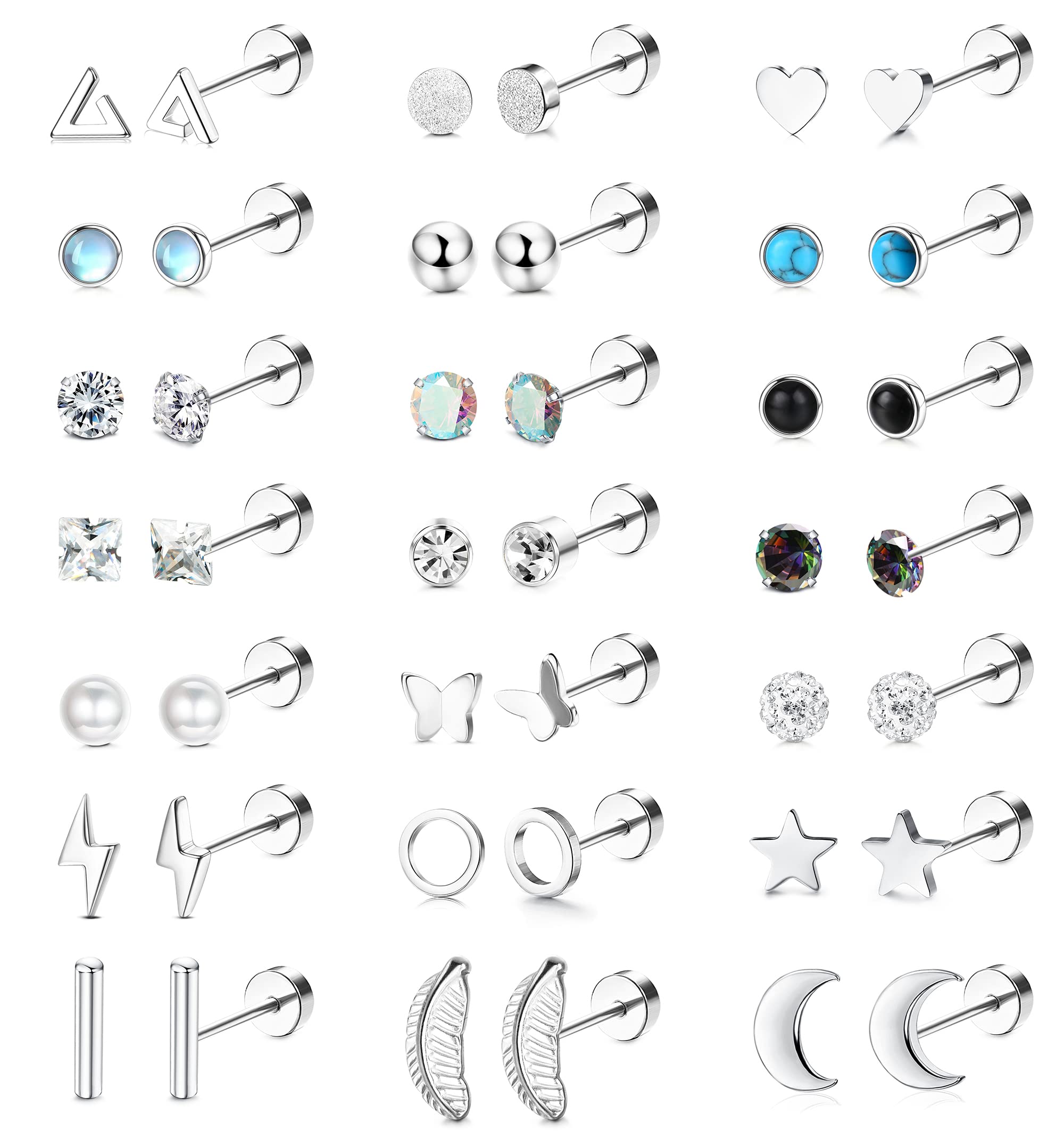 SAILIMUE 21Pairs Stainless Steel Stud Earrings Set for Women Men 20G Tiny Cartilage Stud Earrings Star Moon Triangle Heart Leaf Opal Stud Earrings Hypoallergenic Flat back Earrings Piercing Jewelry