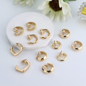 FUNRUN JEWELRY 6Pairs Clip on Hoop Earrings for Women Gold Chunky Hoop Earrings Non Piercing Fake Earrings Set（Gold）