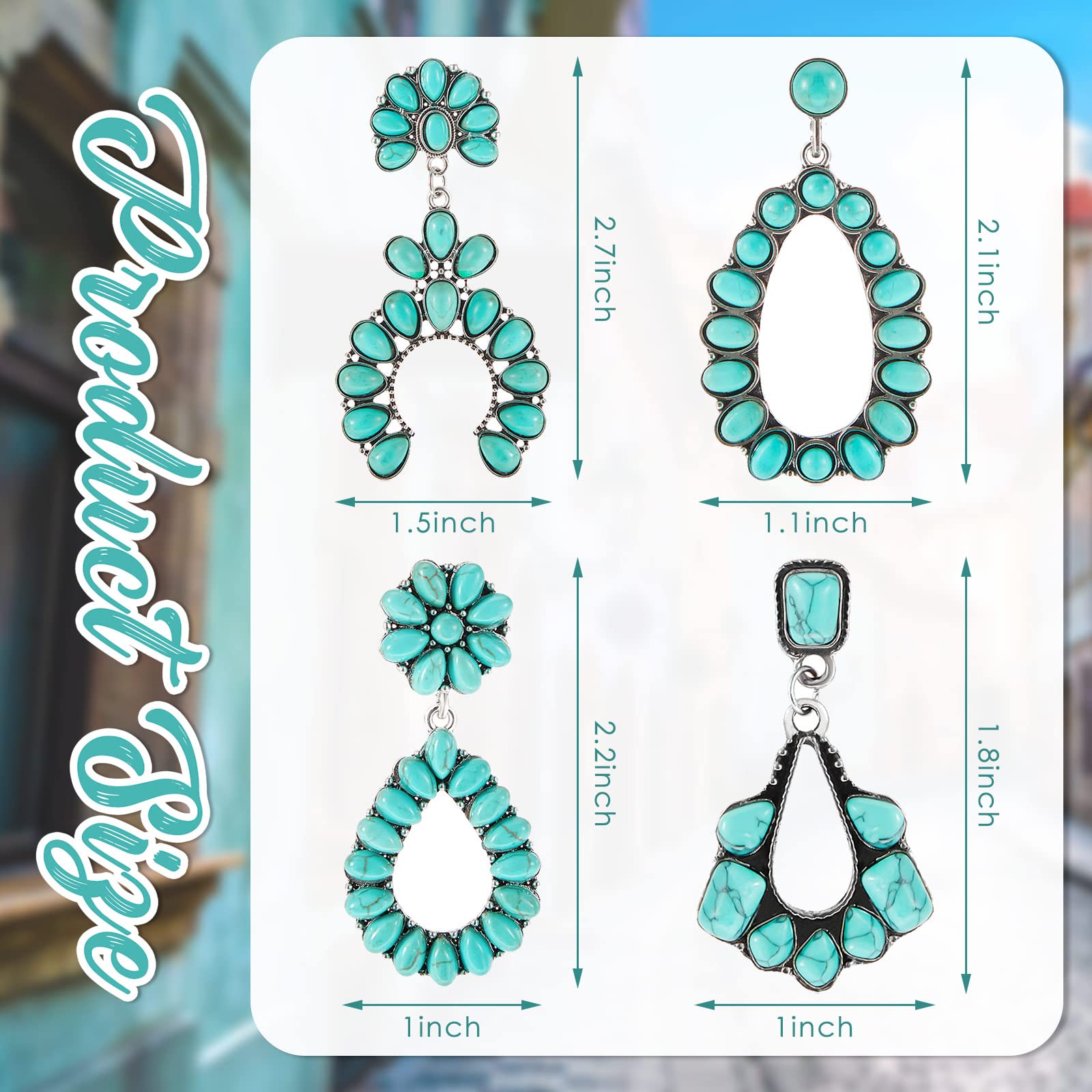 Turquoise Oval Earring 4 Pairs Turquoise Bohemian Dangle Metal Earrings Western Earrings for Women Cowgirl Vintage Turquoise Earrings Statement Teardrop Earrings (Classic Style)