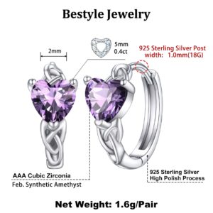 Bestyle Silver Hoop Earrings CZ Created Heart Diamond Hoops | Classic Silver February Amethyst Birthstone Earrings for Women, Great Birthday Gift for Daughter/Wife/Mom/Grandma