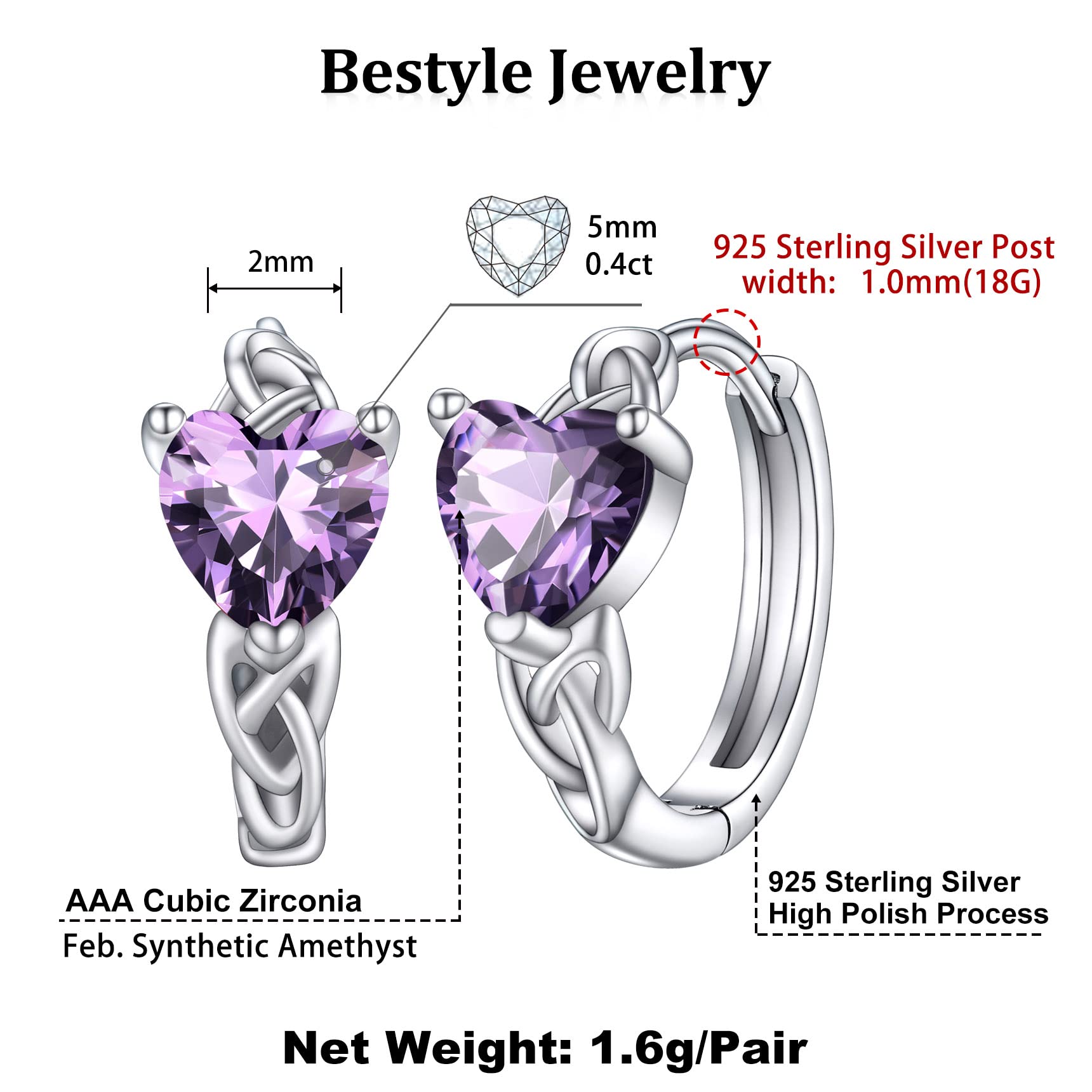 Bestyle Silver Hoop Earrings CZ Created Heart Diamond Hoops | Classic Silver February Amethyst Birthstone Earrings for Women, Great Birthday Gift for Daughter/Wife/Mom/Grandma