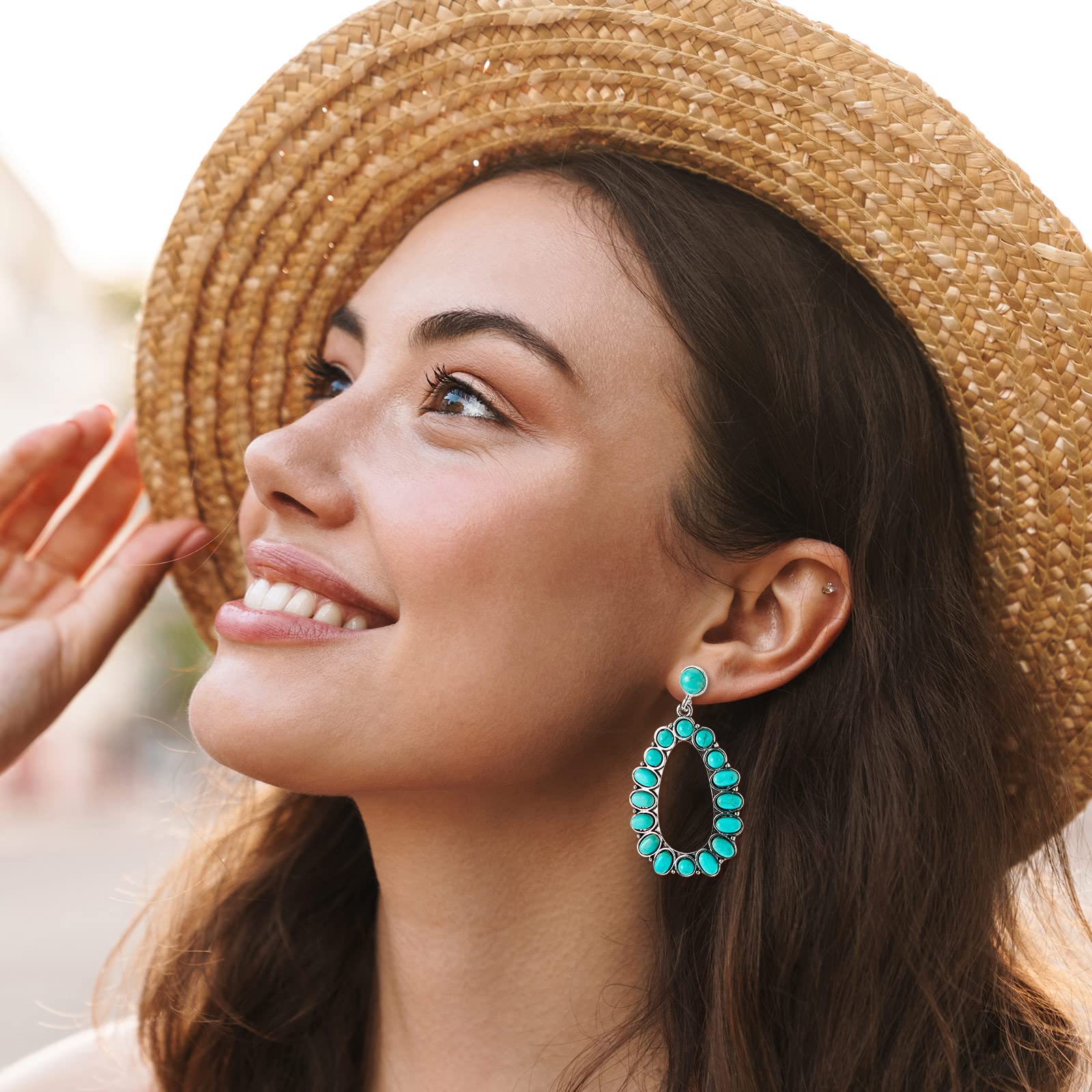 Turquoise Oval Earring 4 Pairs Turquoise Bohemian Dangle Metal Earrings Western Earrings for Women Cowgirl Vintage Turquoise Earrings Statement Teardrop Earrings (Classic Style)