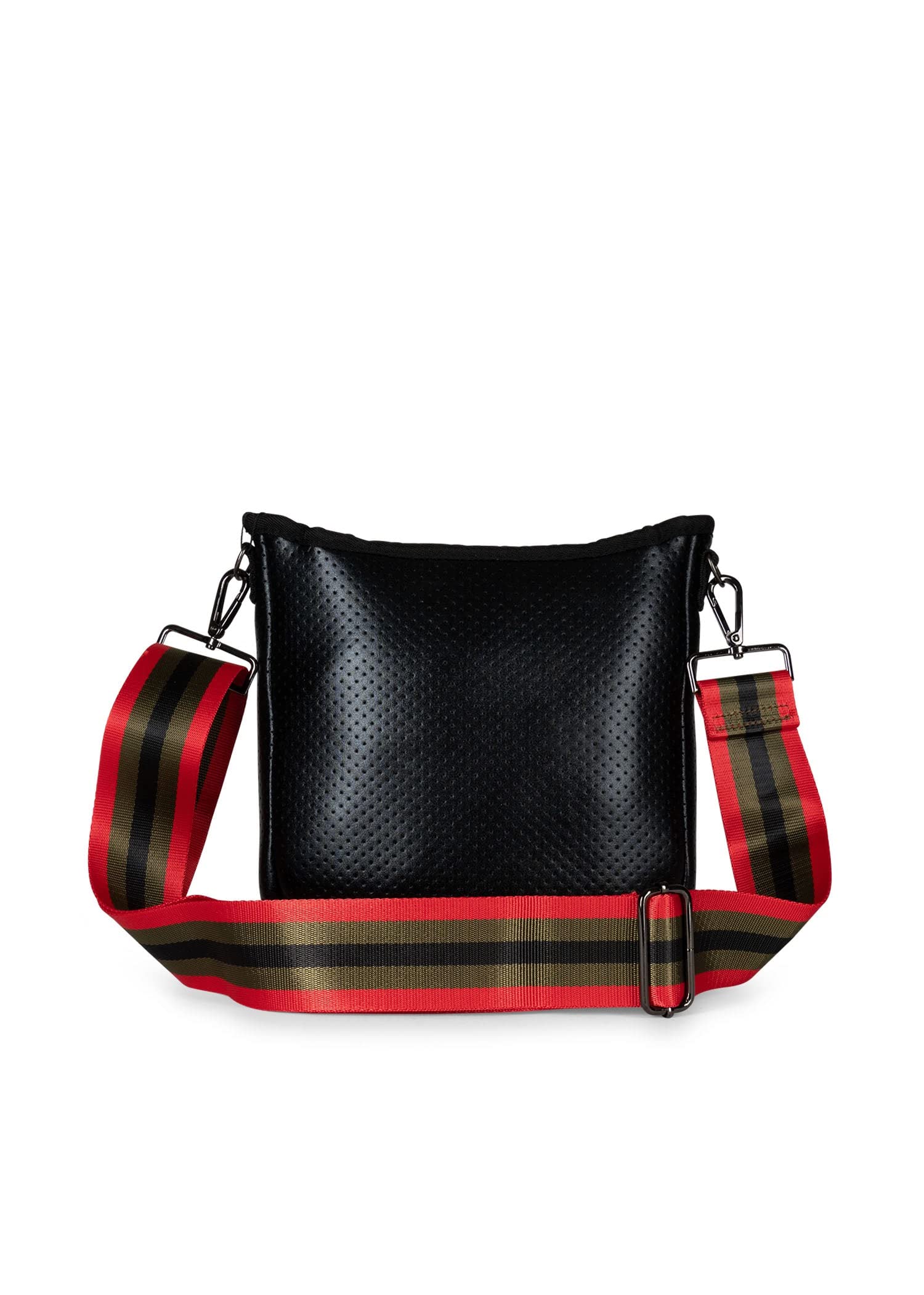 Haute Shore - Jeri Bello Crossbody Tote, Black Coated W/Olive, Black, & Red Stripe