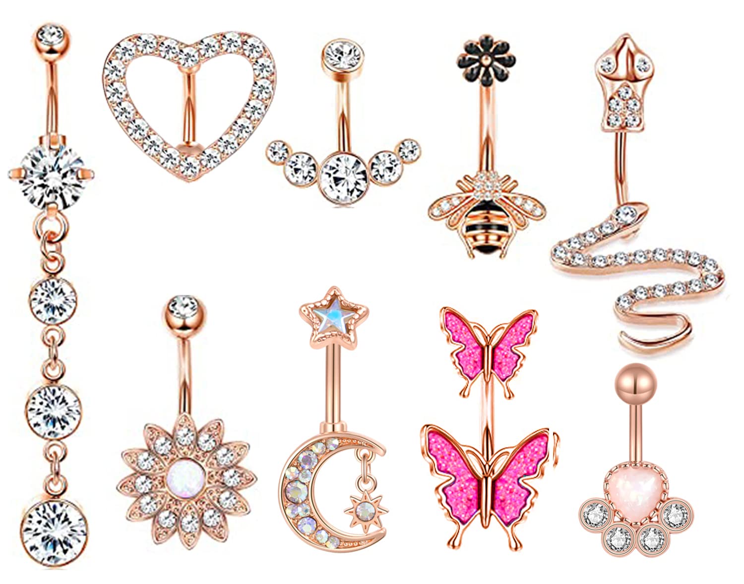 NICEIGHT 9PCS Stainless Steel Belly Button Rings Dangle Belly Rings for Women Heart Moon Snake Flower Navel Rings Body Jewelry Piercing Rose Gold