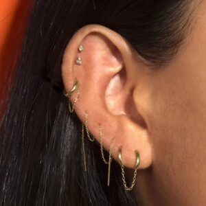 Chain Double Hoop Earrings for Double Piercing: 3 Pairs 14K Gold Plated Lightweight Huggie Hoop Earrings, Cartilage Hoop Earring Helix Piercing Jewelry for Women (Gold)