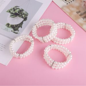 Yolev 4PCS 3-Row Faux Pearl Bracelet 3-Row Pearl Stretch Bracelet Multilayer Pearl Elastic Bangle for Wedding Jewelry 1920s Costume