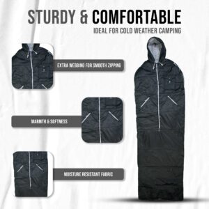 Thermotuff Wearable Sleeping Bag with Dual Hoodie, Zippered Arm Holes, Pockets & Adjustable Drawstring - Ideal for Camping, Cold Weather Hiking, and Stadium Sak Blanket (Black)