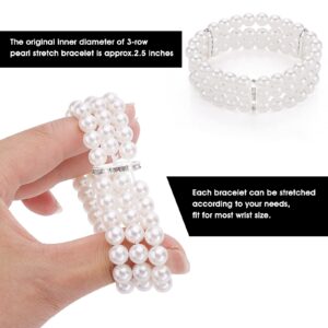 Yolev 4PCS 3-Row Faux Pearl Bracelet 3-Row Pearl Stretch Bracelet Multilayer Pearl Elastic Bangle for Wedding Jewelry 1920s Costume