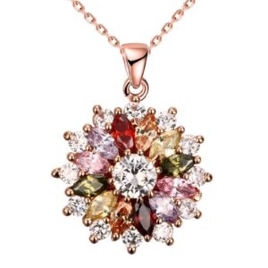 wskfly colorful snowflake pendant necklace, rose gold plated multi gemstone necklaces marquise cubic zirconia necklace for women, 18+2 inch