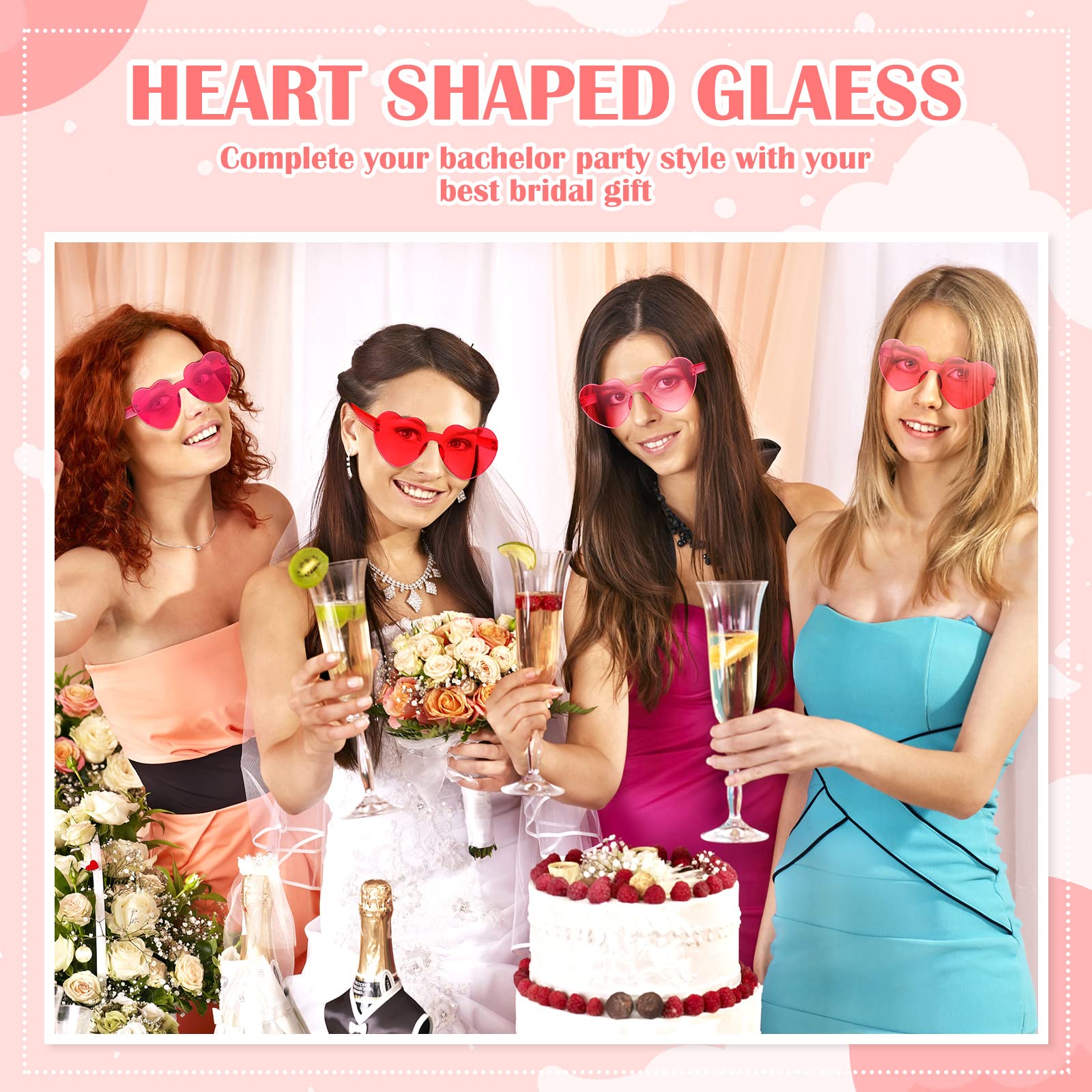 TOODOO 4 Pieces Heart Shape Rimless Sunglasses Transparent Candy Color Party Eyewear (Pink Series)