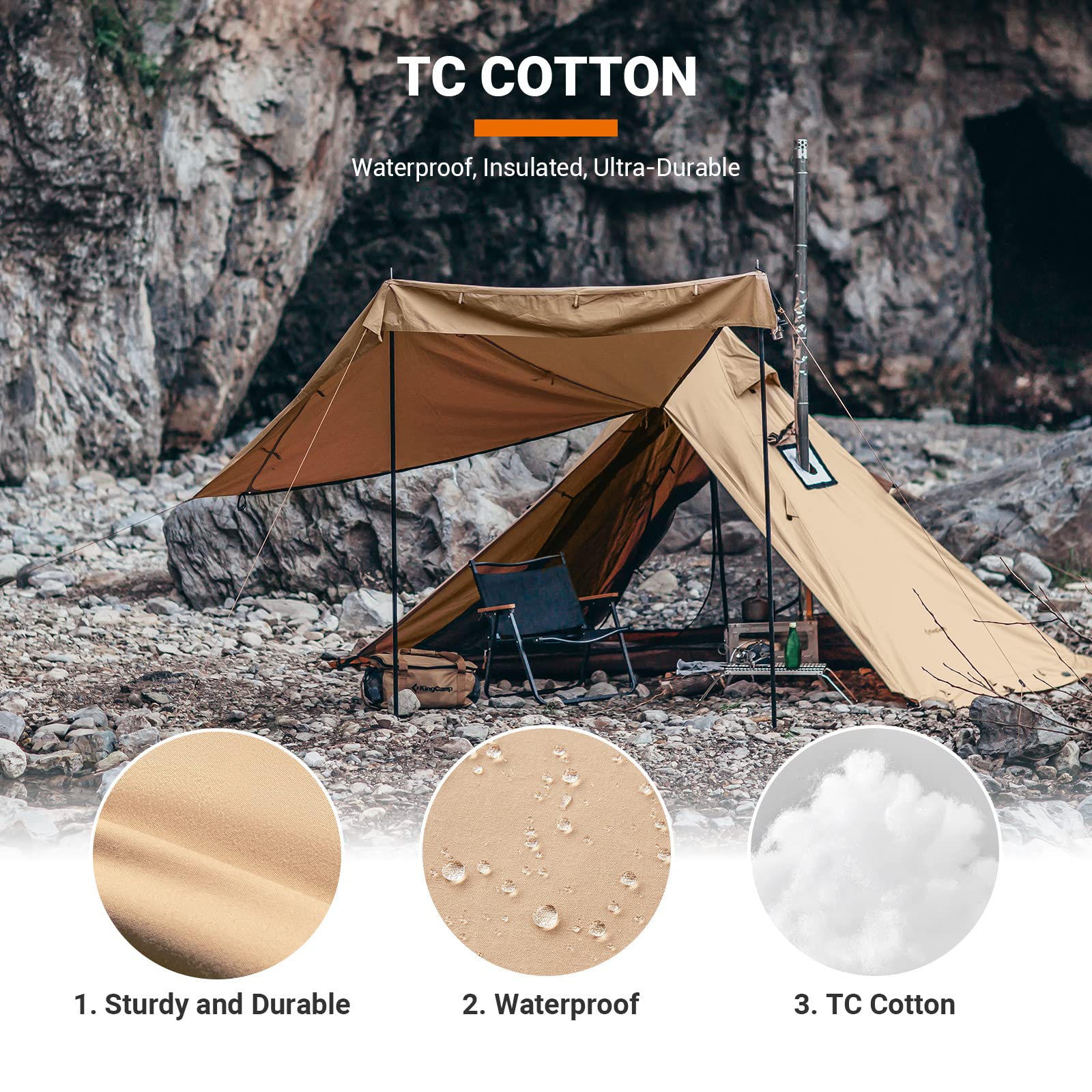 KingCamp Hot Tent with Stove Jack, 4 Season Cotton Tent for Camping, Lightweight Portable with Carry Bag, Foldable Snow Skirt, Set-up Rainfly, Glamping Hiking Backpacking, Windproof, Rainproof