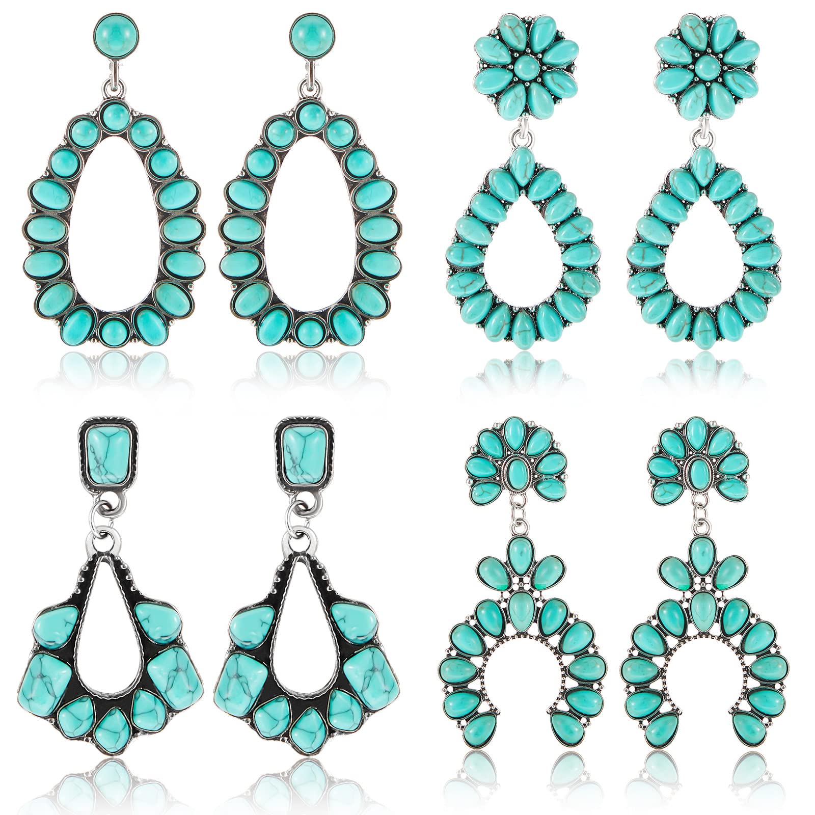 Turquoise Oval Earring 4 Pairs Turquoise Bohemian Dangle Metal Earrings Western Earrings for Women Cowgirl Vintage Turquoise Earrings Statement Teardrop Earrings (Classic Style)