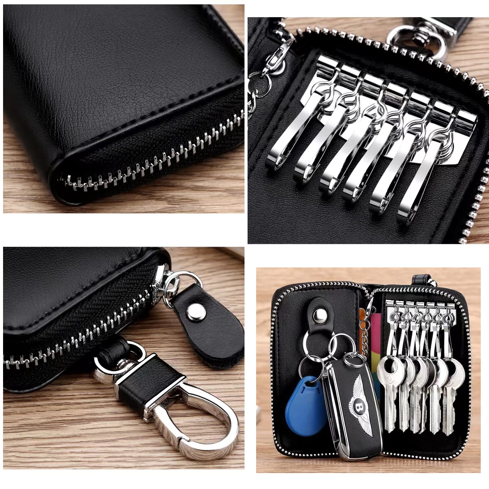 LANZITOER Leather Car Key Case Holder Keychain Case Wallet Zipper Closure For Men And Women (Black)