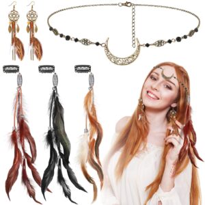 kigeli 5 pack feather hair clips halloween boho head moon chain crystal vintage forehead jewelry witch headpiece hippie fest comb with long tassel earrings necklaces costume for women(mixed color)