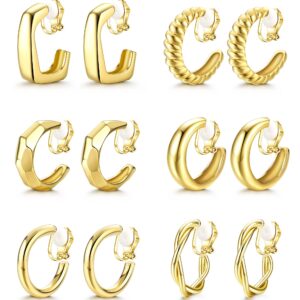 FUNRUN JEWELRY 6Pairs Clip on Hoop Earrings for Women Gold Chunky Hoop Earrings Non Piercing Fake Earrings Set（Gold）