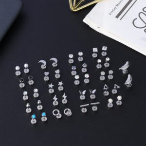 SAILIMUE 21Pairs Stainless Steel Stud Earrings Set for Women Men 20G Tiny Cartilage Stud Earrings Star Moon Triangle Heart Leaf Opal Stud Earrings Hypoallergenic Flat back Earrings Piercing Jewelry