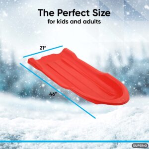 Superio Toboggan Snow Sleds, 4 Pack- 46” Plastic Open Back Slider for Kids and Adults- Heavy Duty Sleds with Holes for Pull Ropes (Ropes Excluded) for Downhill Sledding, Winter Outdoor Sports, (Red)