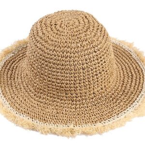 Floppy Straw Sun Hat for Womens Foldable Packable Wide Brim Summer Beach Hat Crochet Frayed Bucket Hat (M, Khaki)