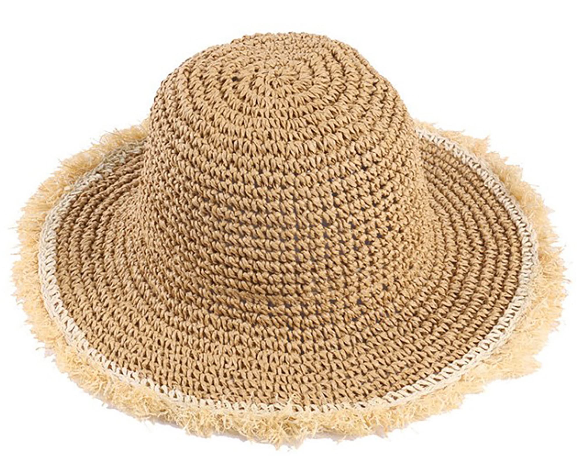 Floppy Straw Sun Hat for Womens Foldable Packable Wide Brim Summer Beach Hat Crochet Frayed Bucket Hat (M, Khaki)