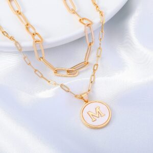 Gold Initial Necklaces for Women, 14K Gold Plated Layered Necklaces Paperclip Chain Necklace for Women Dainty Gold Coin Letter Pedant Necklace for Women Initial A Necklaces for Women Jewelry