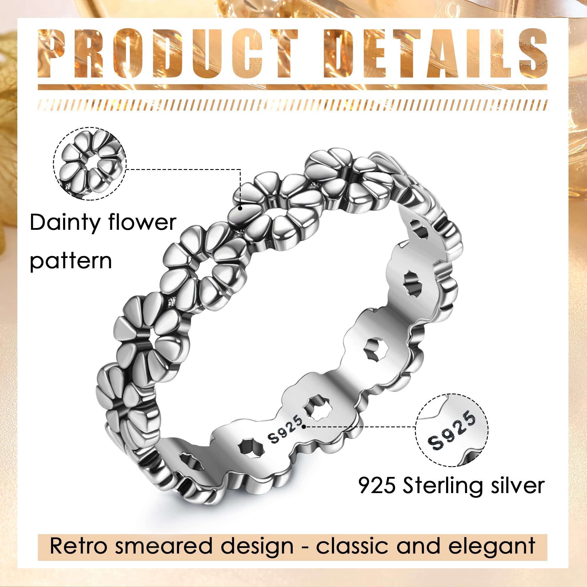 Diamday 925 Sterling Silver Ring Retro Daisy Rings for Women Daisy Flower Hawaiian Ring High Polish Flower Rings Comfort Fit Flower Stacking Band Ring Dreamland Jewellery Size 9