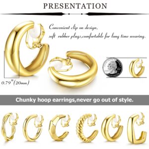 FUNRUN JEWELRY 6Pairs Clip on Hoop Earrings for Women Gold Chunky Hoop Earrings Non Piercing Fake Earrings Set（Gold）