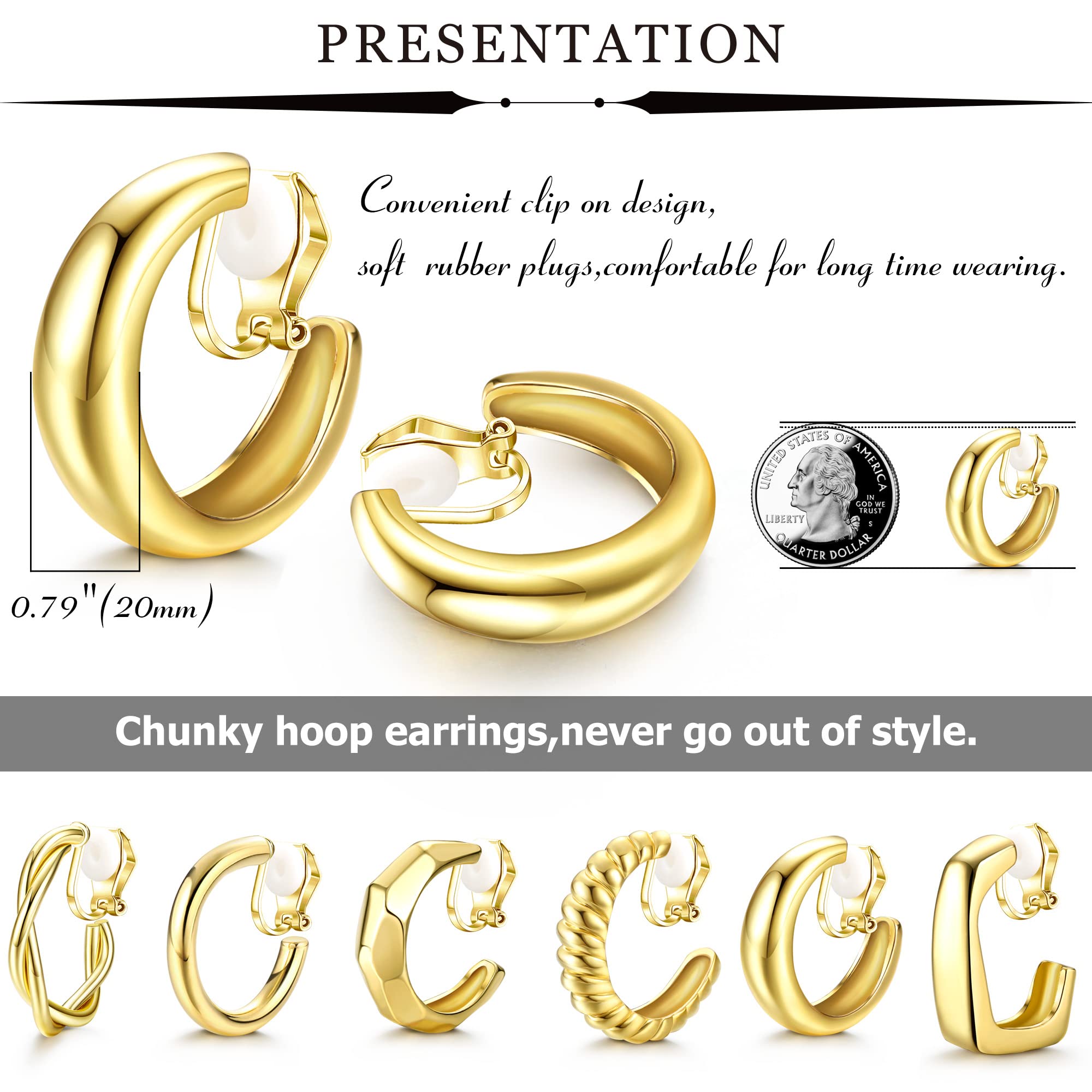 FUNRUN JEWELRY 6Pairs Clip on Hoop Earrings for Women Gold Chunky Hoop Earrings Non Piercing Fake Earrings Set（Gold）