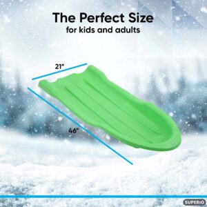 Superio Toboggan Snow Sleds, 4 Pack- 46” Plastic Open Back Slider for Kids and Adults- Heavy Duty Sleds with Holes for Pull Ropes (Ropes Excluded) for Downhill Sledding, Winter Outdoor Sports, (Green)