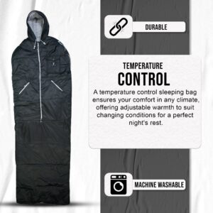 Thermotuff Wearable Sleeping Bag with Dual Hoodie, Zippered Arm Holes, Pockets & Adjustable Drawstring - Ideal for Camping, Cold Weather Hiking, and Stadium Sak Blanket (Black)