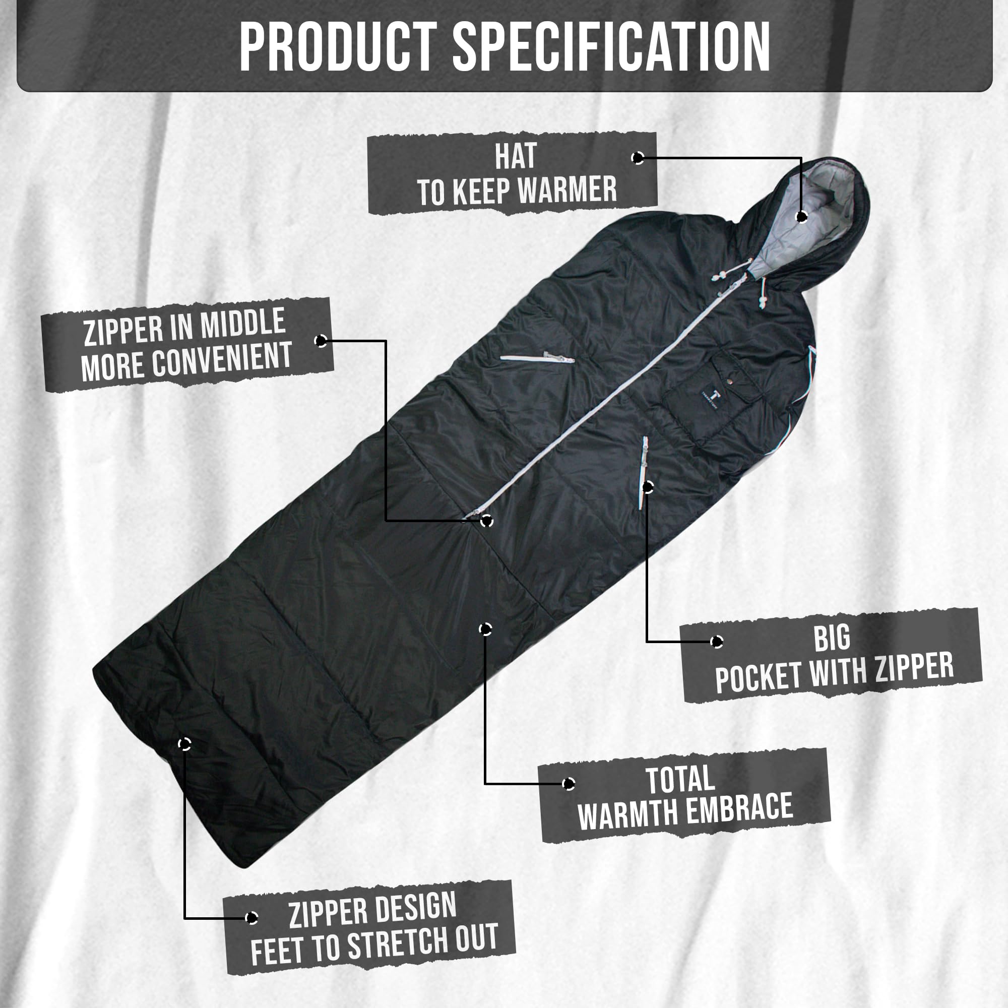 Thermotuff Wearable Sleeping Bag with Dual Hoodie, Zippered Arm Holes, Pockets & Adjustable Drawstring - Ideal for Camping, Cold Weather Hiking, and Stadium Sak Blanket (Black)