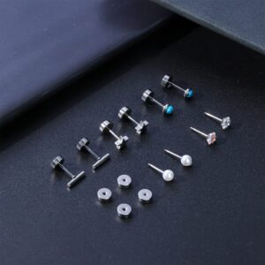 SAILIMUE 21Pairs Stainless Steel Stud Earrings Set for Women Men 20G Tiny Cartilage Stud Earrings Star Moon Triangle Heart Leaf Opal Stud Earrings Hypoallergenic Flat back Earrings Piercing Jewelry