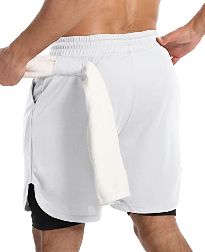 JWJ Men's Running Athletic Workout Sports Mens 2 in 1 Shorts Breathable Gym Short for Men with Pocket, White X-Large