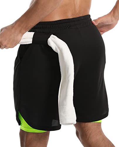 JWJ Men's Running Athletic Workout Sports Mens 2 in 1 Shorts Breathable Gym Short for Men with Pocket, Fluorescent Green Meduim