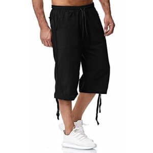 BETORY Men's Linen Cotton Capris Cropped Shorts 3/4 Below Knee Relaxed Fit Drawstring Sweat Shorts Summer Beach Yoga Shorts Black