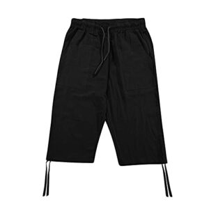 BETORY Men's Linen Cotton Capris Cropped Shorts 3/4 Below Knee Relaxed Fit Drawstring Sweat Shorts Summer Beach Yoga Shorts Black