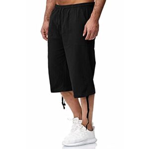 BETORY Men's Linen Cotton Capris Cropped Shorts 3/4 Below Knee Relaxed Fit Drawstring Sweat Shorts Summer Beach Yoga Shorts Black