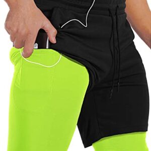 JWJ Men's Running Athletic Workout Sports Mens 2 in 1 Shorts Breathable Gym Short for Men with Pocket, Fluorescent Green Meduim