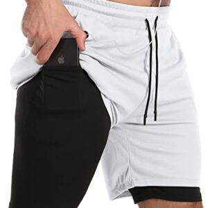 JWJ Men's Running Athletic Workout Sports Mens 2 in 1 Shorts Breathable Gym Short for Men with Pocket, White X-Large