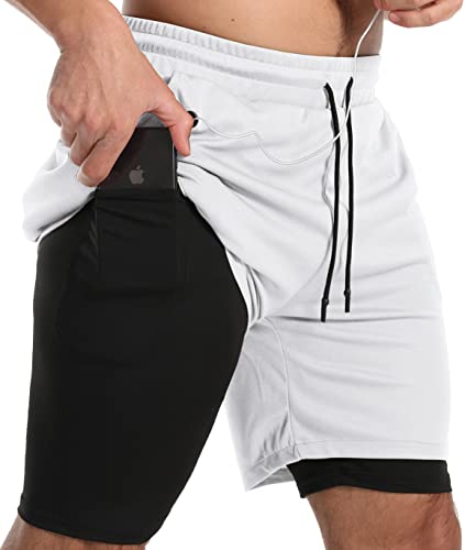 JWJ Men's Running Athletic Workout Sports Mens 2 in 1 Shorts Breathable Gym Short for Men with Pocket, White X-Large