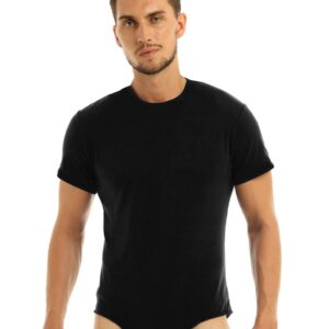 renvena Mens Press Button Crotch Shirt Bodysuit Short Sleeve Leotard Undershirt Romper Black 4X-Large