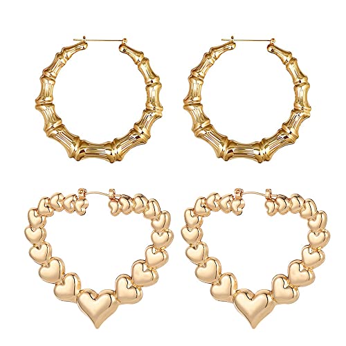 Bamboo Earrings for Women 90s/80s Heart Hoop Earrings Y2k Hip Hop Fashion Jewelry Gifts 2 Pairs