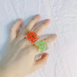 MOKAVIKY 25 2 Pcs Chunky Resin Fruit Rings Set Colorful Strawberry Acrylic Rings for Women