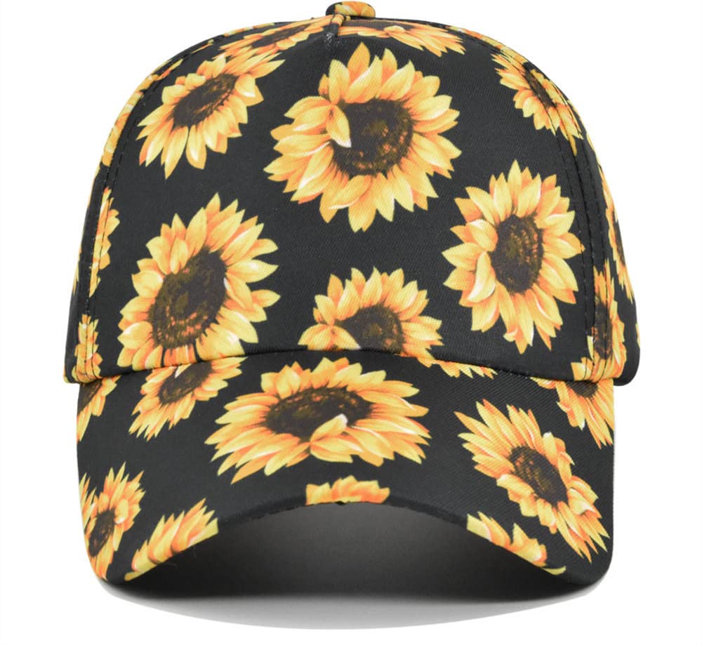 Womens Criss Cross Ponytail Hat Sunflower Hat Ponytail Bun Sun Hat for Women (Black)