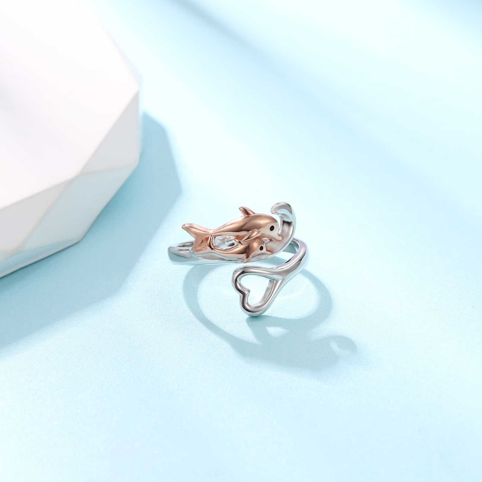 925-Sterling-Silver Heart Wave Dolphin Ring - Rose Gold Plated Mother Daughter Rings，Sea Ocean Cute Animal Dolphins Gifts for Women，Mothers Day Jewelry Gifts for Mom