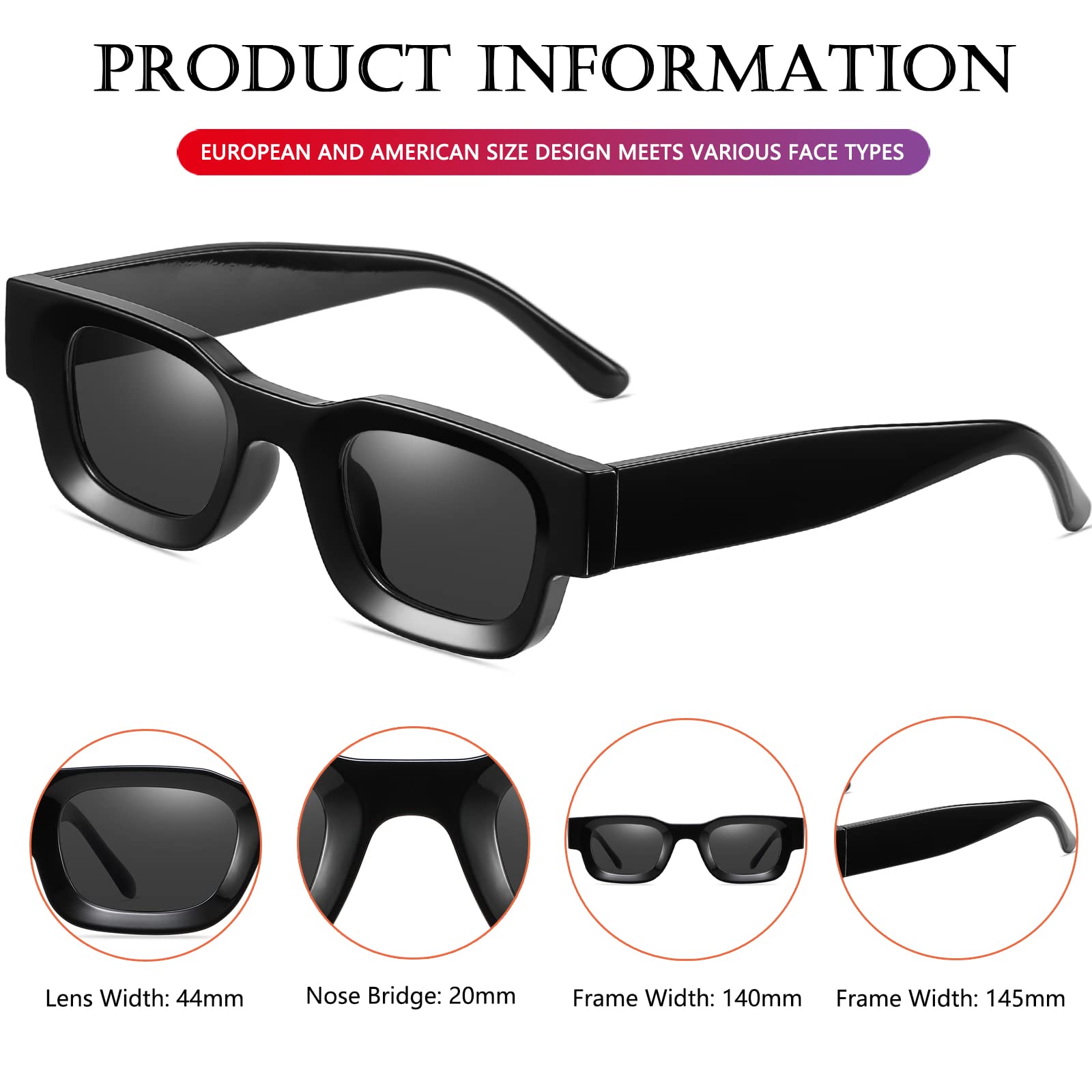 AIEYEZO Modern Thick Rectangle Sunglasses for Women Men Retro 90s Chunky Square Polarized Sunnies (Black)