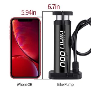 Bike Pump, Mini Bicycle Pump Portable Bike Floor Pump with Presta and Schrader Valves Aluminum Alloy Floor Bicycle Air Pump Compact Mini Bike Tire Pump, Extra Valve and Gas Needle for All Bike -Black